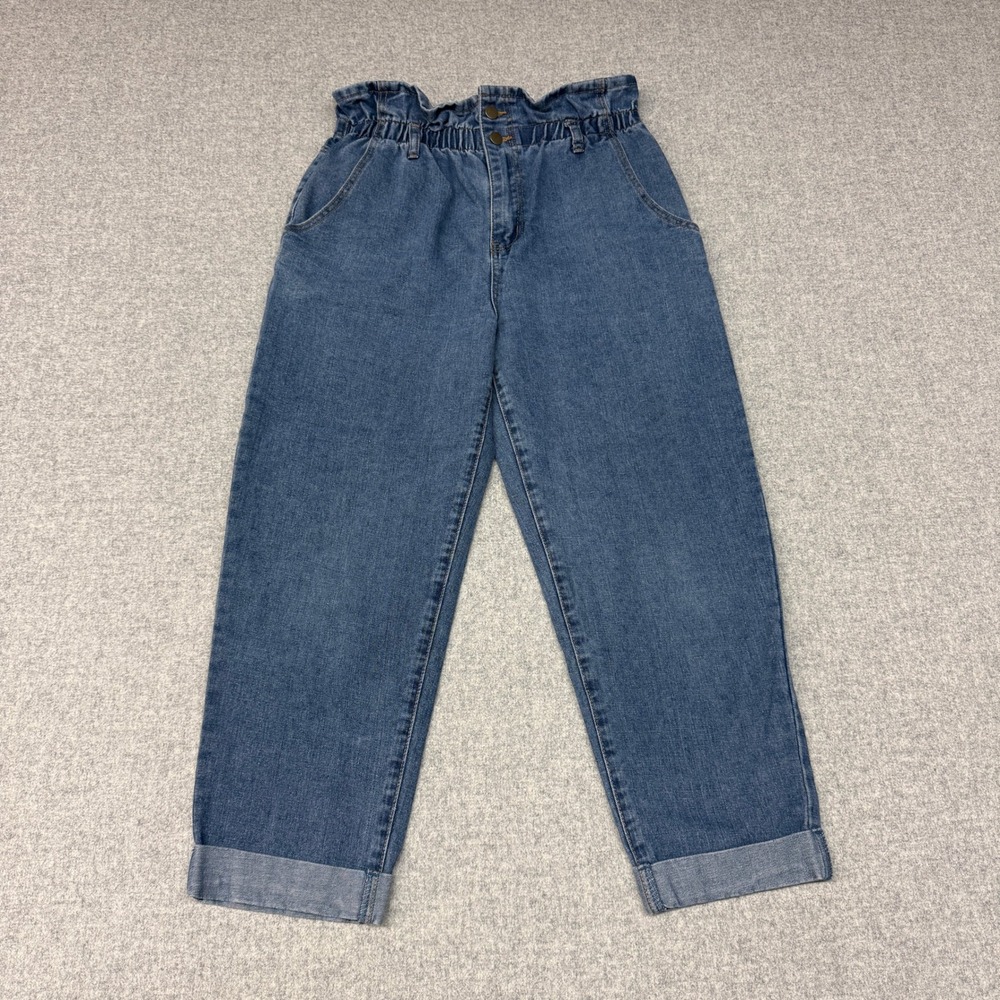 Unbranded Paperbag Waist Jeans Large Blue Denim Cuffed High Rise Relaxed Pants